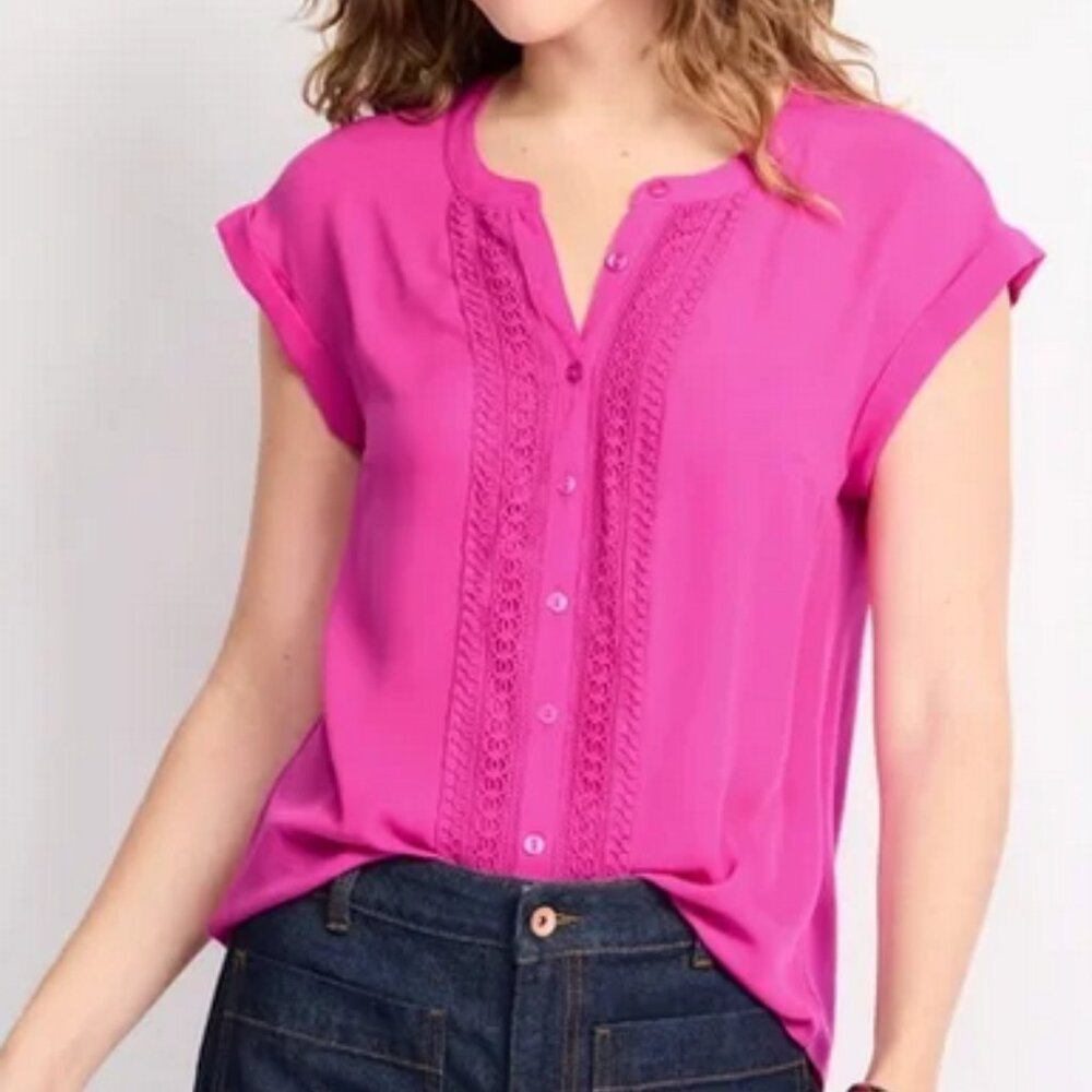 Women's Pink Button-Front Lace Trim Blouse